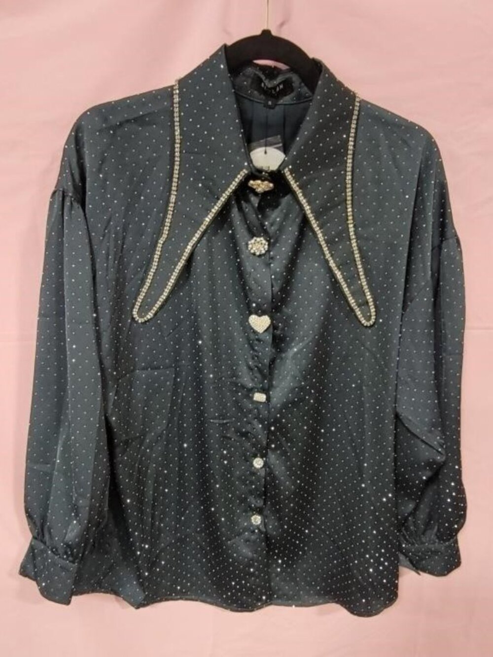 BEULAH RHINESTONE NAVY BLUE BUTTON BLOUSE - M
